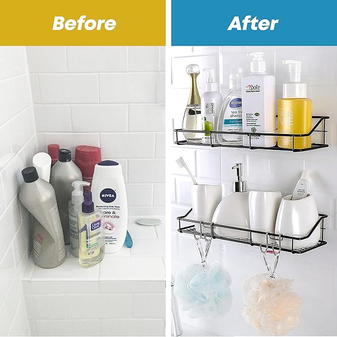 KESOL Adhesive Shower Caddy Shower Shelf Organizer with Hooks, SUS304 Stainless Steel, 2 Pack (Black)