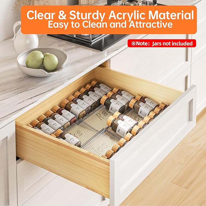 Spice Drawer Organizer, 4 Tier- 4 Pack Clear Acrylic Drawer Seasoning Organizer, Expandable From 11'' to 22'' Kitchen Spice Rack Organizers and Storage for Drawer (Jars not included)