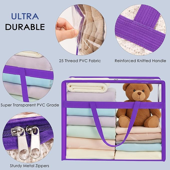 SGHUO Clear Storage Bags 60L Extra Large Plastic Vinyl Blanket Storage Bag for Clothes, Comforter, Bedding, Moving Bags with Zipper and Reinforced Handle (4pcs, Purple)