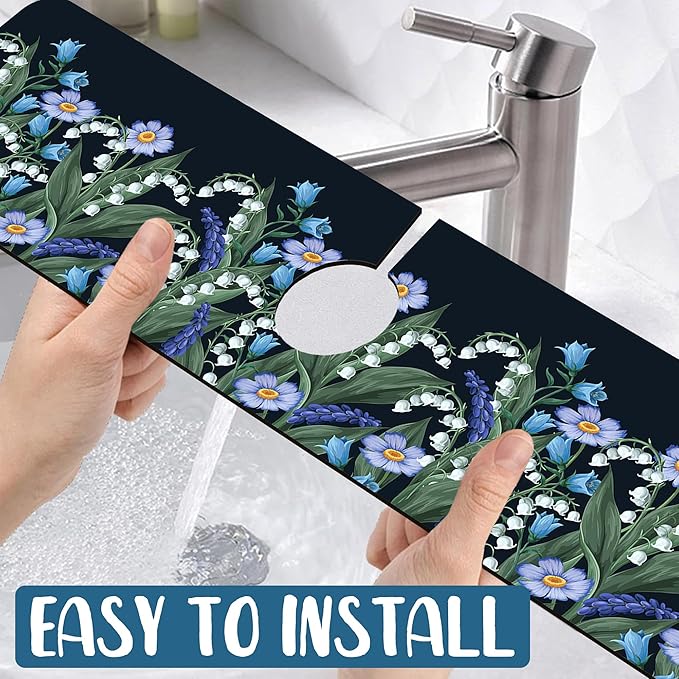 Blooming Lilies Sink Splash Guard Valley Lilies Flowers Faucet Absorbing Mat Fast Drying Mat Sink Gadgets Splash Guard Behind Faucet Drip Catcher for Kitchen Bathroom, 23.5"x5.5"