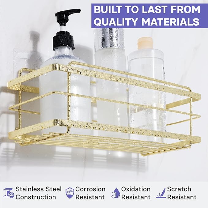 KINCMAX Premium Shower Caddy - 2-Pack Adhesive Organizer - No Drill Bathroom Shelves - Rustproof Stainless Steel for Inside Shower Shampoo Holder Storage Rack - Gold