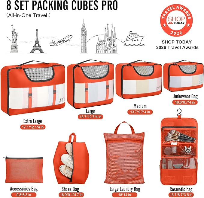 Veken 8 Set Packing Cubes for Travel Essentials, Suitcase Organizer Bags in 4 Sizes, Carry-On Luggage Accessories with Large Laundry & Hanging Toiletry Bag, Must-Have for Airplane, Road Trip & Camping