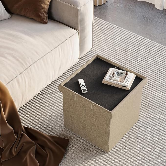 YOUDENOVA 15 inches Storage Ottoman Cube, Foldable Storage Boxes, Padded Seat for Dorm Living Room, Support 300lbs, Line Fabric Beige