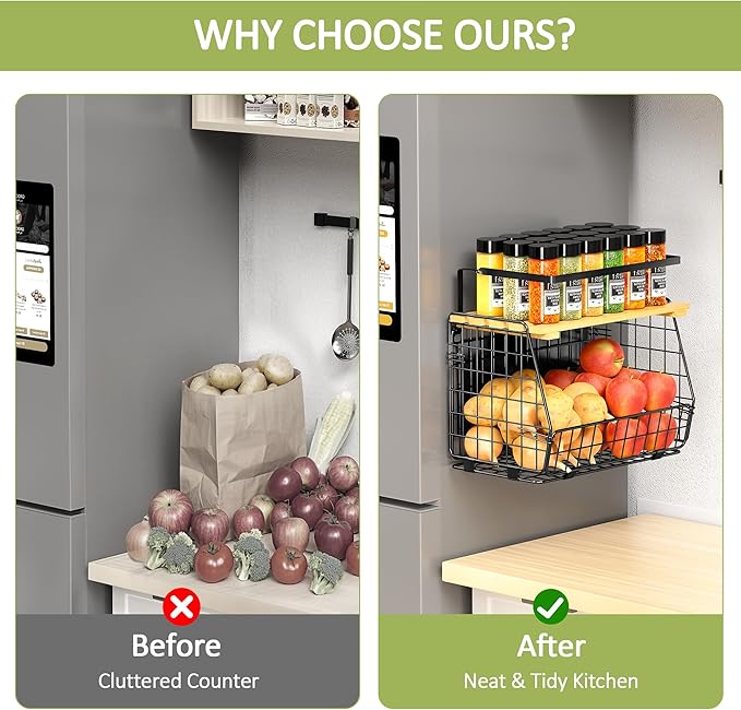 Magnetic Shelf for Fridge with Wood Lid: 2 Pack Fruit Potato and Onion Storage Bin - Magnetic Spice Rack for Refrigerator & Kitchen Counter - Pantry Organizers and Storage