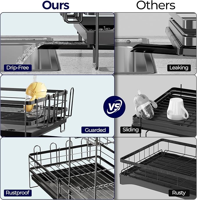 2 Tier Large Dish Drying Rack, Expandable Dish Rack for Kitchen Counter, Dish Drainer with Drainboard Set, Multifunctional Dishrack with Utensil Holder & Cup Holder, 13.4"-28.7" L x 11.8" W