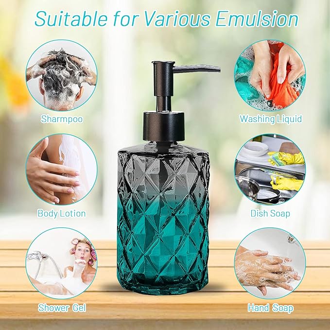 Glass Soap Dispenser with Plastic Pump, 330ml/11oz. Liquid Hand Soap Dispenser for Bathroom and Kitchen, Hand-Pump Dispenser for Dishwashing Liquid, Lotion, Soap, Shower Gel, Essential Oil (Black)