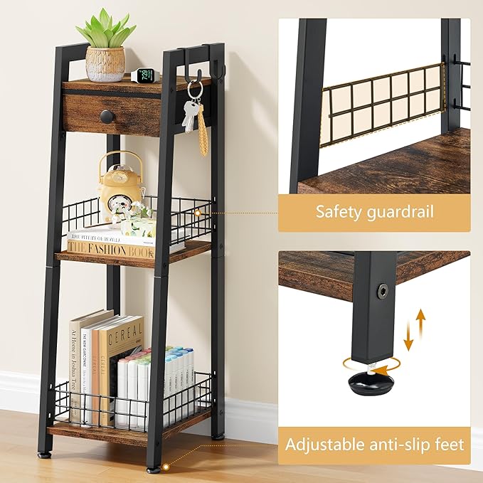 3-Tier Narrow Ladder Shelf with Drawer, Bathroom Table Stand for Small Space, Narrow Bathroom Standing Shelves with Storage for Living Room Bedroom Kitchen, Organizer Shelf, Rustic Brown