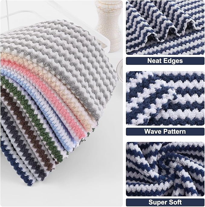 Homaxy Kitchen Towels(12 Pack, 10 x 20 inches), Ultra Soft and Absorbent Dish Towels, Reusable Fast Drying Microfiber Cleaning Cloth, Coral Velvet Wave Design No-lint, Navy Blue