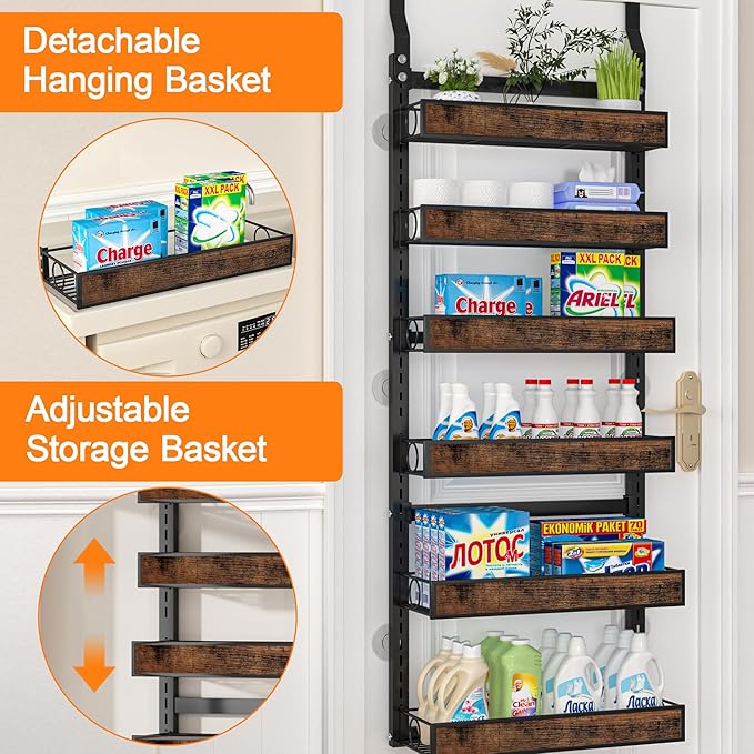 6 Tier Over The Door Pantry Orangizer 2 IN 1 Wall Mounted or Hanging Spice Rack with Adjustable Wood Basket,Heavy Duty Seasoning Storage Shelf for Kitchen Pantry and Bathroom