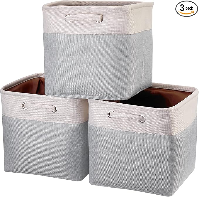Storage Cubes 13x13x13 Inches Fabric Storage Cube Bins Boxes Foldable Storage Baskets Cube Storage Shelf Inserts with Handles Earth-Green and Beige Patchwork Pack of 3