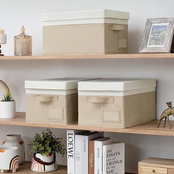 GRANNY SAYS Storage Basket with Lid, Linen Fabric Storage Bins with Label, Decorative Storage Boxes, Clothes Storage and Organization, Memory Keepsake Box, 3-Pack, Khaki&Ivory
