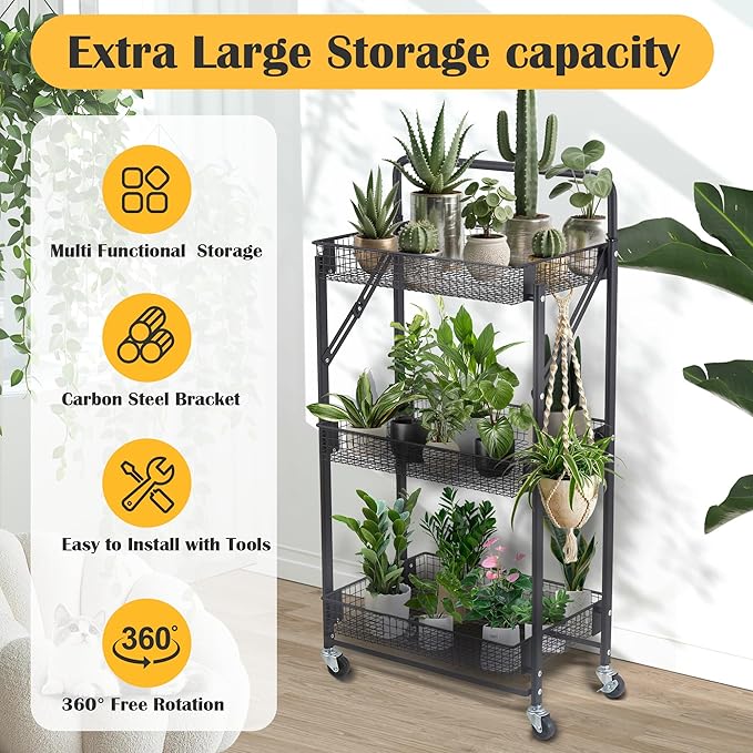 Folding Storage Rack 3-Tier Mesh Storage Shelf Portable Closet Shelving Unit with 360°Removable Wheels for Kitchen/Living Room/Bathroom/Laundry Room/Pantry/Garage/(Max Load Capacity 200 lb)