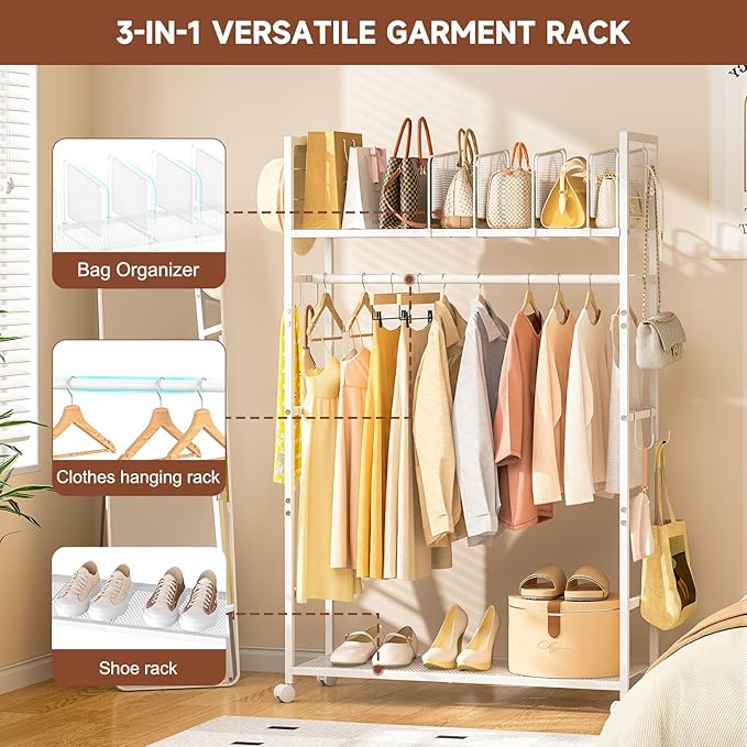 Portable Clothes Rack with Adjustable Shelf Divider, Freestanding Closet Organizers and Storage, Garment Rack and Purse Storage with 8 Hooks, Clothes Organizer on Wheels for Hanging Clothes, White