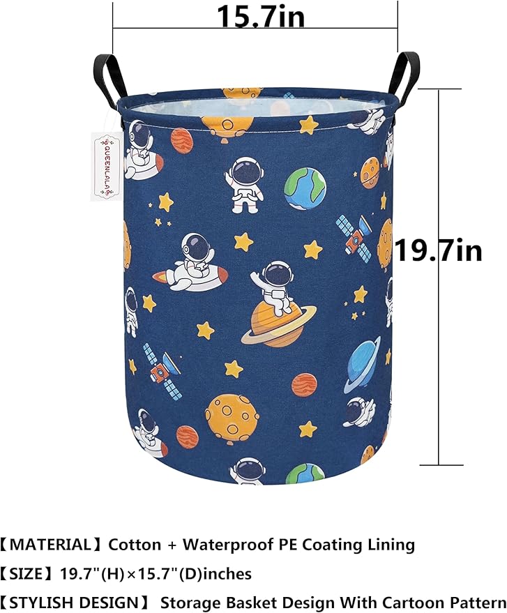 QUEENLALA Large Storage Basket,Laundry Hamper/Bathroom/Home Decor/Collapsible Round Storage Bin,Boys and Girls Hamper/Boxes/Clothing（Round-Yellow Star Astronaut）