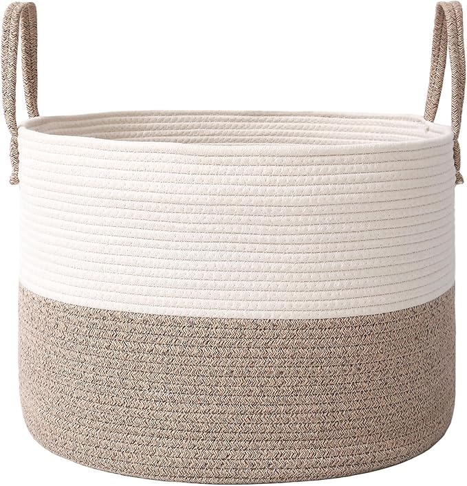 115L Extra Large Blanket Basket for Living Room - Woven Cotton Rope Laundry Hamper with Reinforced Handles - Storage Bin for Pillows, Comforters & Toys - Machine Washable,White&Brown