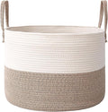 65L Extra Large Blanket Basket for Living Room - Woven Cotton Rope Laundry Hamper with Reinforced Handles - Storage Bin for Pillows, Comforters & Toys - Machine Washable,White&Brown