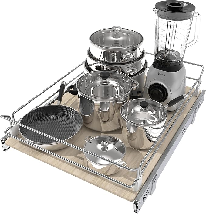Pull Out Cabinet Organizer 18" W X 22" D, Slide Out Drawers For Kitchen Organizers and Storage, Pull Out Drawers For Cabinets Capacity Heavy Duty Caddy, Cabinet Shelves Wood Chrome, Pantry Storage