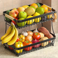 2 Tier Large Fruit Basket for Kitchen Counter with 2 Mobile Banana Hangers, 2026 Pro Detachable Metal Fruit Bowl with Wooden Handle (Black, 2 Tier Extra Large)