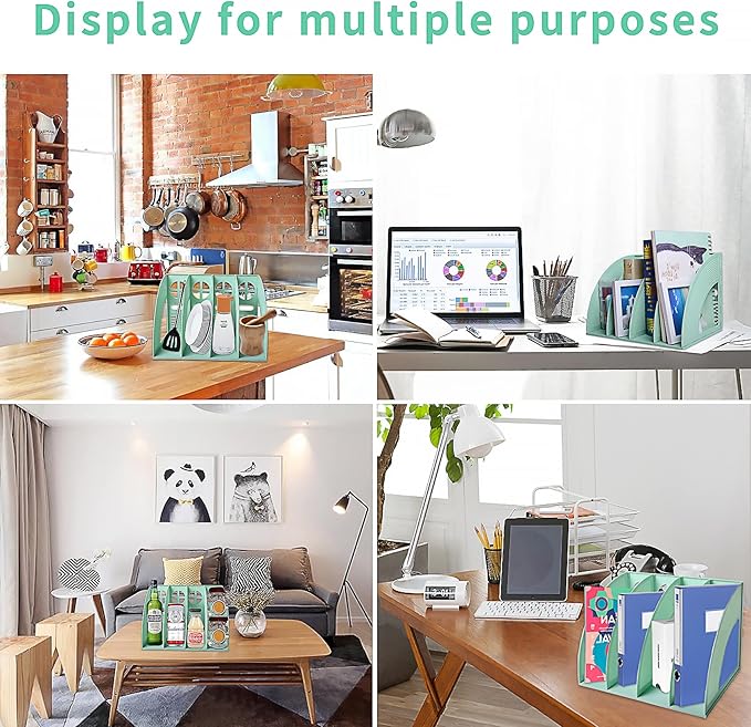 SAYEEC Sturdy Magazine Holder 4 Compartments Plastic Desktop File Organizer File Dividers Office Organizer Storage Document Magaizne Rack Display Box (Green)