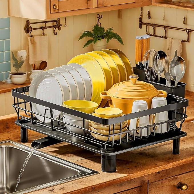 MOUKABAL Dish Drying Rack, Dish Rack, Stainless Steel Dish Racks for Kitchen Counter, Dish Drainer with Removable Utensil Holder, Drainboard (Black)