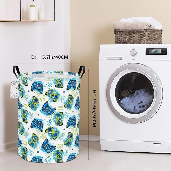 FANKANG Storage Basket, Nursery Hamper Canvas Laundry Basket Foldable with Waterproof PE Coating Large Storage Baskets for Kids Boys and Girls, Office, Bedroom, Clothes,Toys(Game)