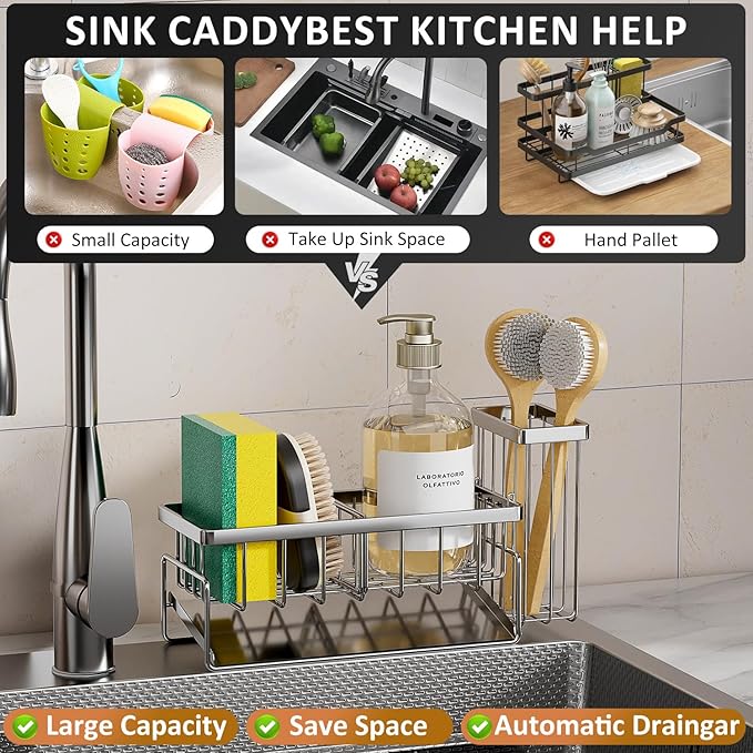 Sponge Holder & Sink Caddy Organizer - Rustproof Kitchen Sink Organizer High Brush Holder - Home Essentials Countertop Storage Organization (Silver)