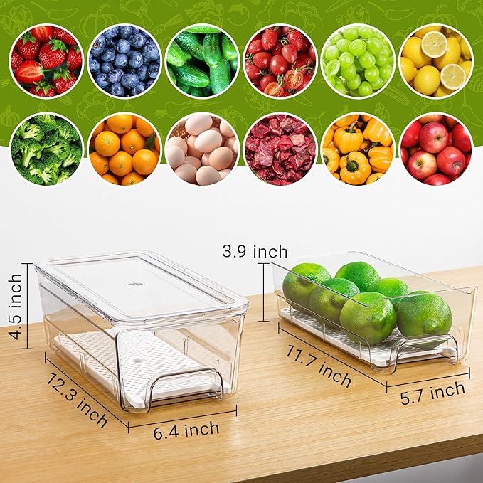 Imncya 6 Pack Stackable Pull-Out Fridge Organizer Drawers, Clear Refrigerator Drawer with Lids, Fridge Stackable Storage Drawers for Veggies, Fruits, Food Storage and Organizer