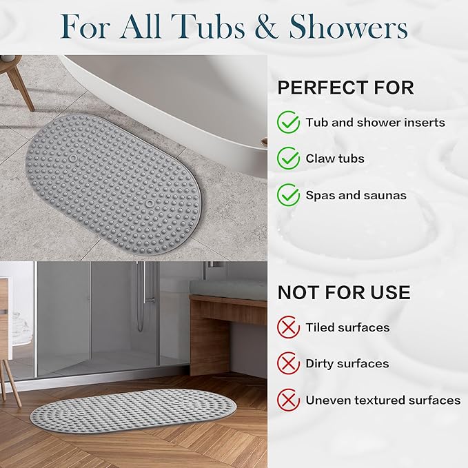 Joiyota Silicone Bath Mat for Tub Non Slip, Bubble Massage Anti Slip Shower Mat with 27 x 15 Inches for Easy Storage, Washable Bathtub Floor Mats for All Ages, Grey, Oval