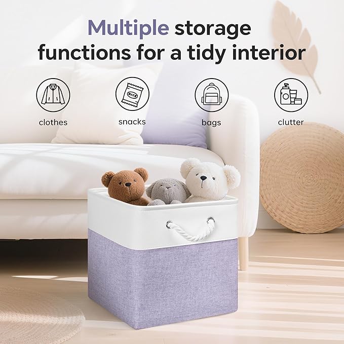 13x13 Inch Cube Storage Bins with Reinforced Bottom Cardboard, 6 Pack Large Foldable Fabric Storage Cubes with Handles for Shelf, Closet, Laundry Organization (White&Purple)