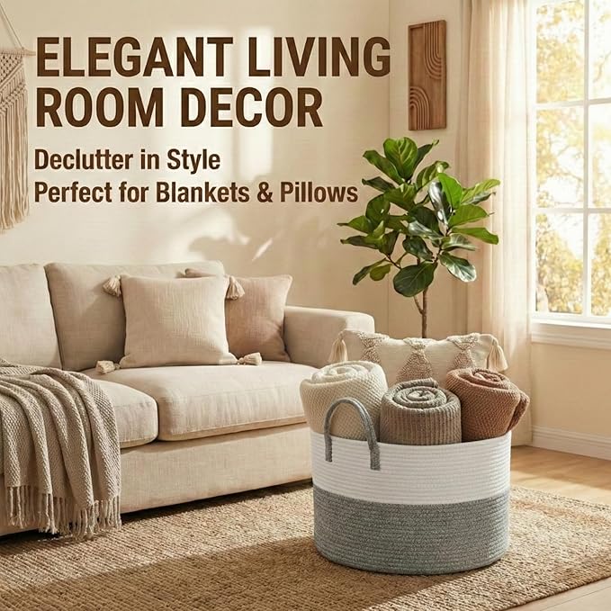 115L Extra Large Blanket Basket for Living Room - Woven Cotton Rope Laundry Hamper with Reinforced Handles - Storage Bin for Pillows, Comforters & Toys - Machine Washable,White&Grey