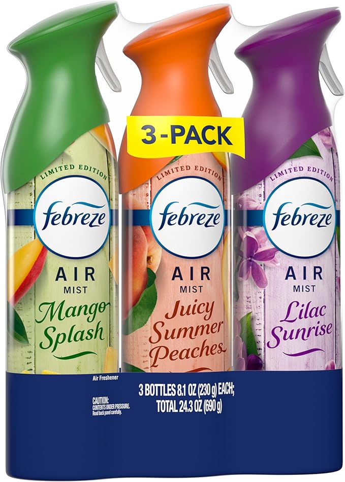 Febreze Air Mist, Air Freshener, Odor Fighting Room Spray, Deodorizer for Home Bathroom Kitchen Office Apartment Classroom, Lilac Sunrise, Summer Peaches, Mango Splash Variety Pack, 8.1oz (Pack of 3)