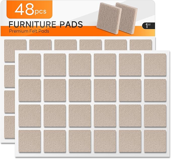 48 PCS Felt Furniture Pads, 1-inch Square Beige Chair Felt Pads, Felt Pads for Furniture Feet to Protect The Floor from Scratches,Reduce Noise
