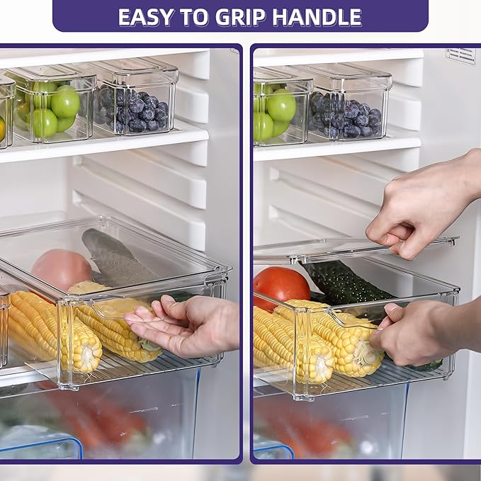 7 Pack Stackable Fridge Organizer Bins with Lids KitchenClear Acrylic Kitchen Refrigerator Organizers and Storage, Dripping Hole Design to Keep Food Fruit Vegetable Fresh for Freezer, Pantry