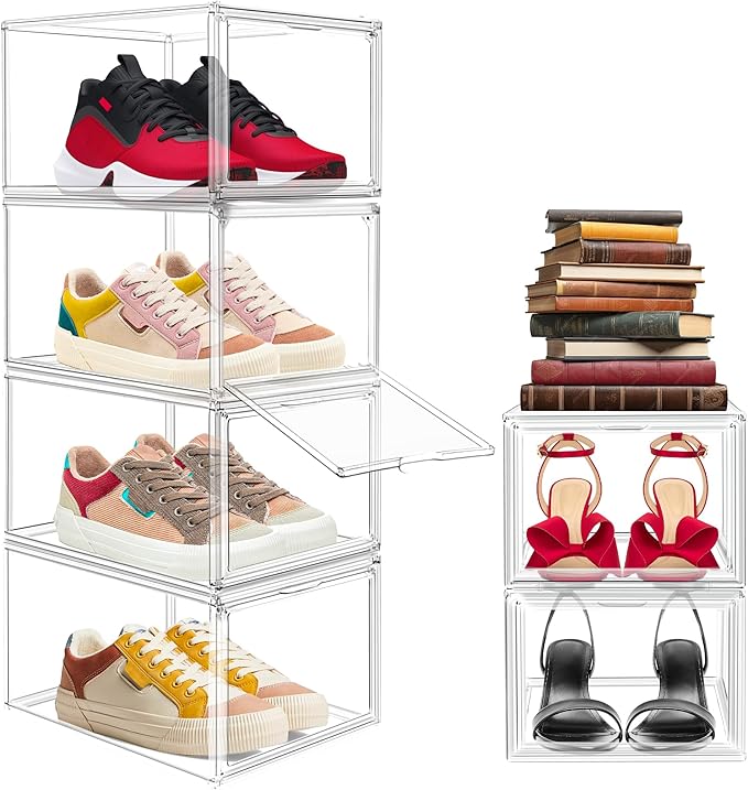 EDS FAM 1 Pack Drop Front Acrylic Shoe Boxes with Magnetic Door Fit US Size 12, Clear Stackable Shoe Organizer for Closet, Entryway, Underbed, Multiple Display Cases for Hats, Figures, Sneakers