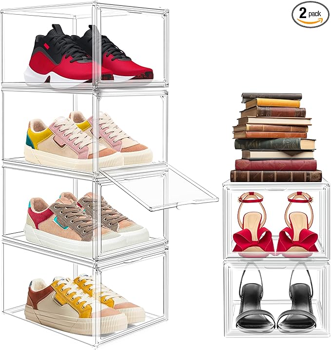 EDS FAM 2 Pack Drop Front Acrylic Shoe Boxes with Magnetic Door Fit US Size 12, Clear Stackable Shoe Organizer for Closet, Entryway, Underbed, Multiple Display Cases for Hats, Figures, Sneakers