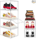 EDS FAM 2 Pack Drop Front Acrylic Shoe Boxes with Magnetic Door Fit US Size 12, Clear Stackable Shoe Organizer for Closet, Entryway, Underbed, Multiple Display Cases for Hats, Figures, Sneakers