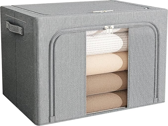 66L Clothes Storage Bins with Metal Frame Foldable Storage Bins with Lids Clothes Organizers and Storage with Clear Window Stackable Zippered Clothes Storage Bags(Darkgray)