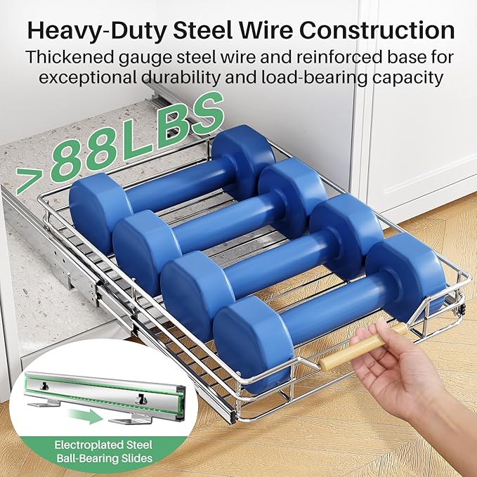 Pull out Cabinet Organizer, 18"W X 21"D, Heavy Duty Smooth Sliding Under Cabinet Shelves for Pots and Pans, Full-Extension Roll out Drawers, Slide out Organization for Home Kitchen Pantry