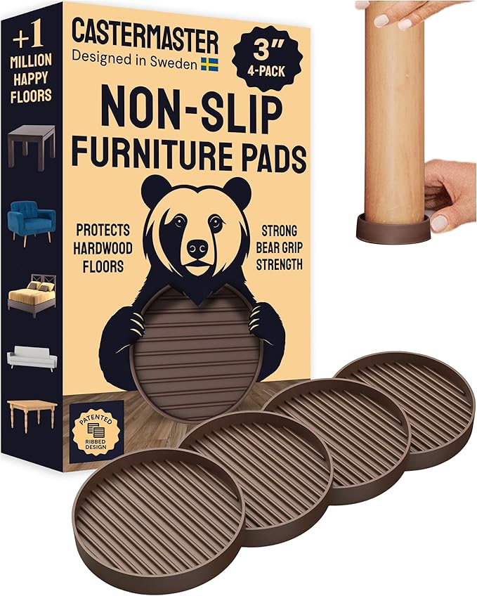 CasterMaster Non Slip Furniture Pads for Hardwood Floors - Circular (Brown, 3'' x 3'' - 4 Pack) - Round Furniture Cups & Chair Leg Floor Protectors for Scratch-Free Floors - Non Slip Caster Cups