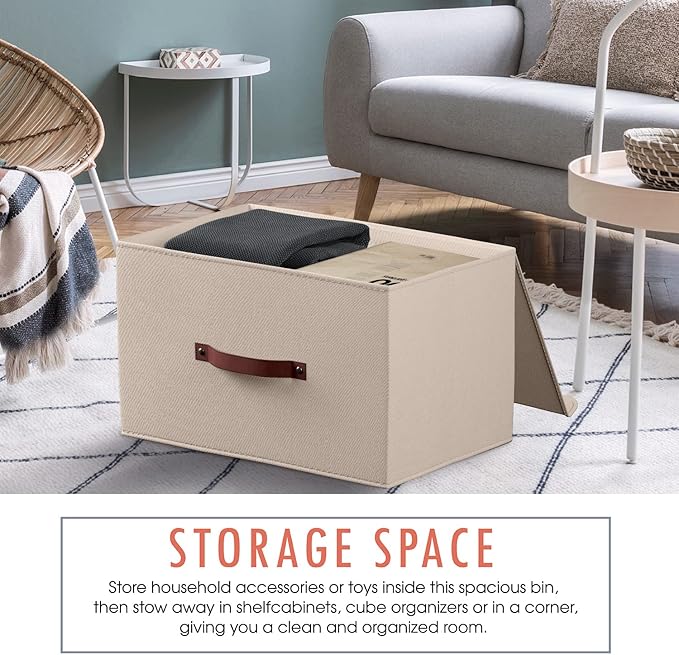 Ornavo Home 6 Pack Collapsible Storage Bins with Lid, Foldable Linen Fabric Shelf Storage Basket Closet Organizer and Large Storage Box for Clothes with Leather Handles, 15 x 10 x 9, Beige