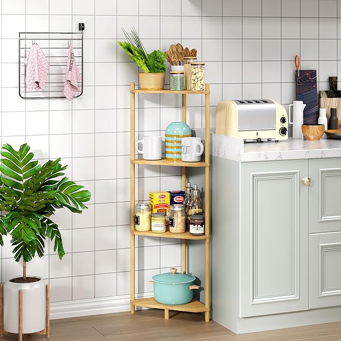 Corner Shelf Stand - 4 Tier Bamboo Small Corner Bookshelf for Office Kitchen Bedroom Plant Stand Living Room Decor Small Space (Natural, 4 Tier)