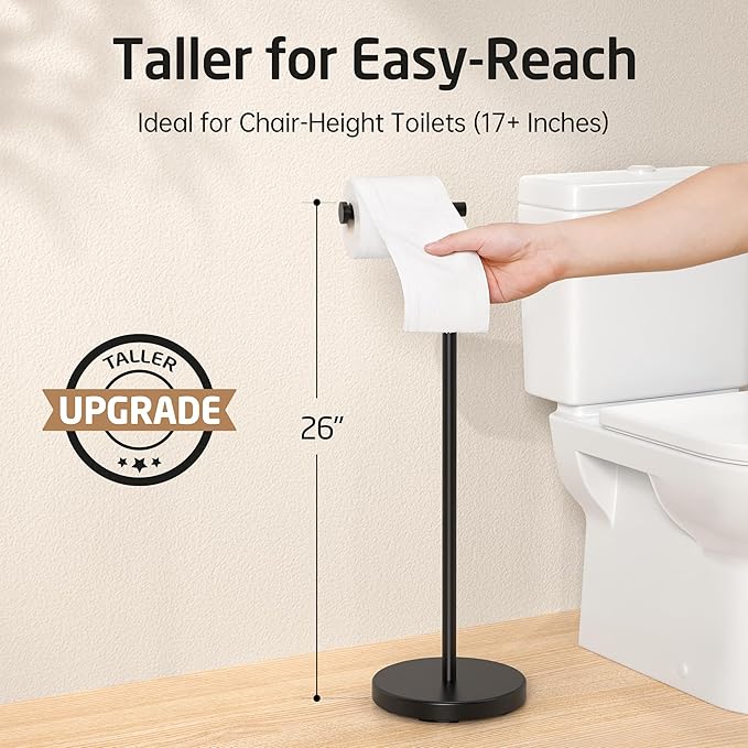 KES Toilet Paper Holder Stand with Weighted Base, 26" H (Taller Version) Free Standing Toilet Paper Roll Holder for Bathroom, Rustproof, BPH283S66-BK