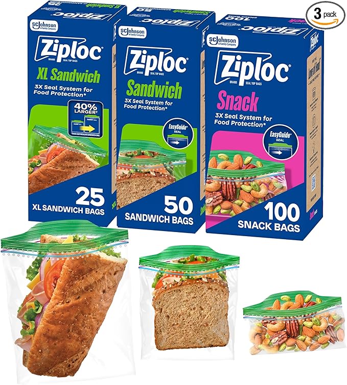 Ziploc 175 Count Sandwich and Snack Bags with EasyGuide Texture, Plastic Storage Bags with Grip 'n Seal Technology