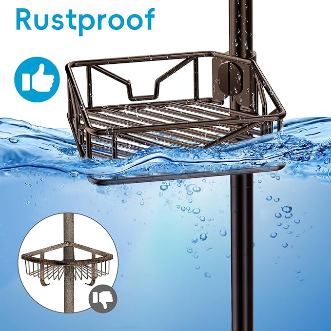 Skycarper 5 Tier Adjustable Corner Shower Caddy Organizer with Hooks,Rustproof Tension Pole 62-116 Inch,Bronze