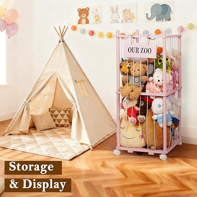 Stuffed Animal Storage Zoo, Wooden Stuffed Animal Organizer with Removable Wheels & 5-Row Elastic Cords, Space-Saving Plush Toy Storage Holder for Playroom, Bedroom, Nursery