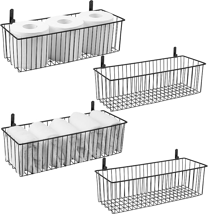 Wetheny Black Wire Basket Wall Mounted(4 Pack) - Metal Toilet Paper Storage Basket - Rectangular Wire Baskets for organizing Kitchen,Bathroom,Countertop
