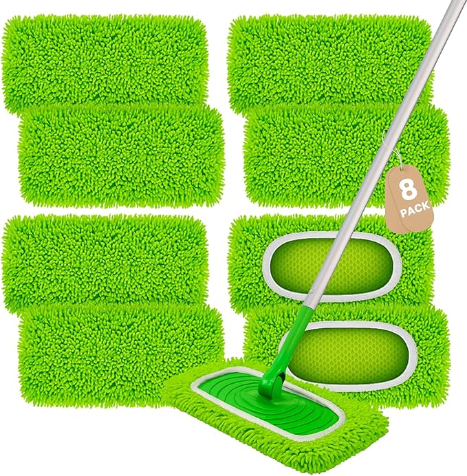 8 Pack Chenille Mop Pads, Reusable Mop Refills for 10''–12'' Flat Mops, Washable Wet & Dry Pads for Hard Floors, Compatible with Swiffer Sweeper Mops