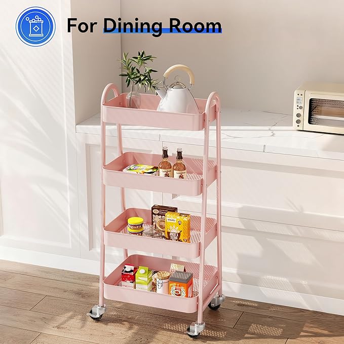 OLIXIS 4 Tier Utility Rolling Cart, Metal Mobile Storage Shelf with Lockable Caster Wheels, Organization for Livingroom, Bathroom & Narrow Places, 4-Tier Pink
