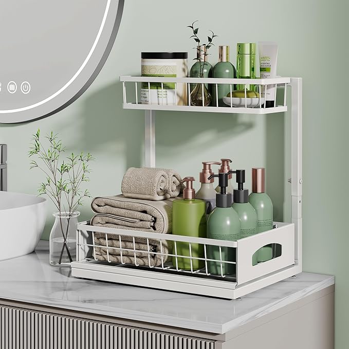Under Sink Organizer and Storage, Height Adjustable Cabinet Organizer with Slide Out Drawer, Pull Out Under Sink Storage, Multi-Purpose 2 Tier Sink Shelves for Kitchen Bathroom Pantry (White, 1 Pack)