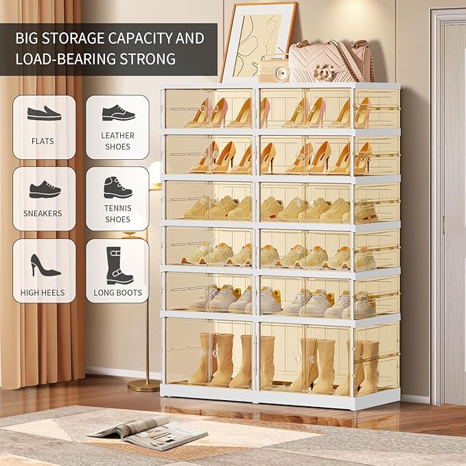 EHAMILY 6 Tiers 12-24 Pairs Foldable Shoe Boxes Large Plastic Shoe Storage Rack Collapsible Shoe Organizer for Closet Tall Shoe Shelf Clear Stackable Shoes Cabinet with Doors entryway